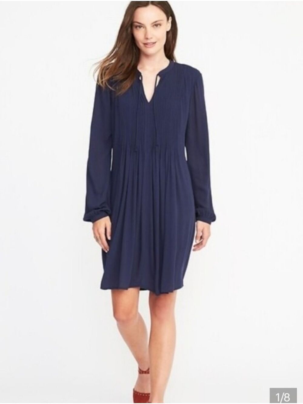 Old Navy Long-Sleeve Pintucked Crepe Swing Dress Navy Blue Size XS